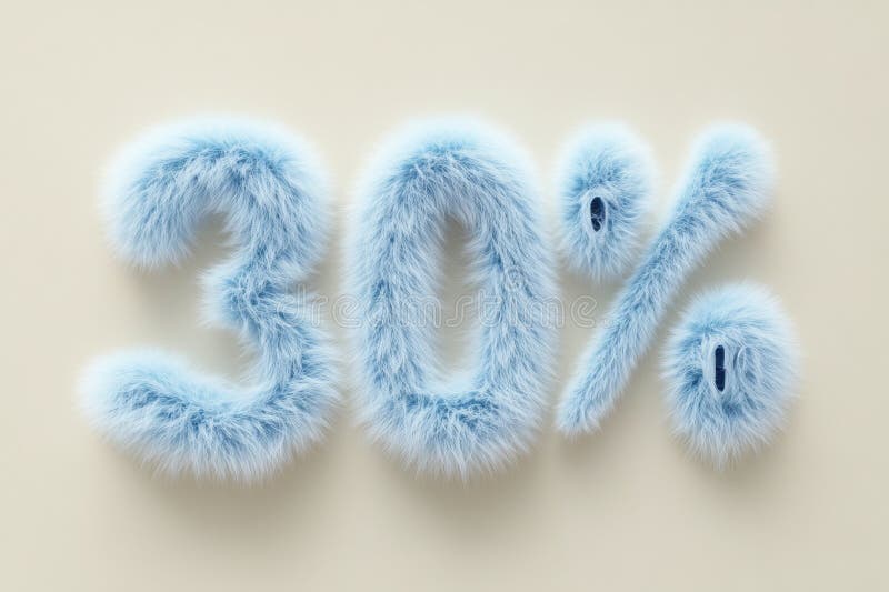 A 3D-rendered fluffy blue number 30% shaped with soft fur-like texture, placed against a cream-colored background royalty free stock image