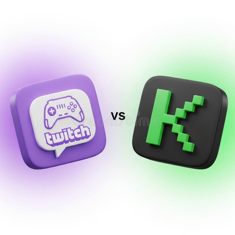 This 3D illustration features two prominent streaming platform icons: Twitch, represented by its purple logo with a gamepad and speech bubble, and Kick, shown with a black square containing a pixelated green "K". A bold "VS" symbol is positioned between them, suggesting a comparison or competition between the two platforms. The icons are illuminated by soft, colored glows. Logo comparison illustrations