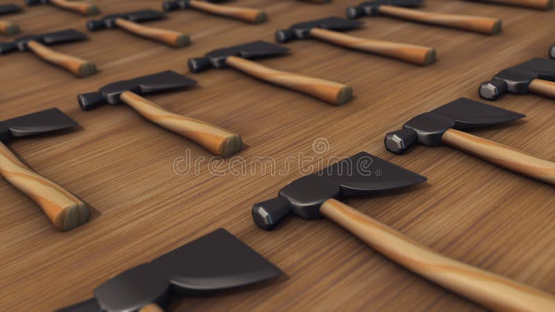 3d rendered illustration of A lot of small hand axe with wooden handle isolated in wooden background. High quality 3d illustration