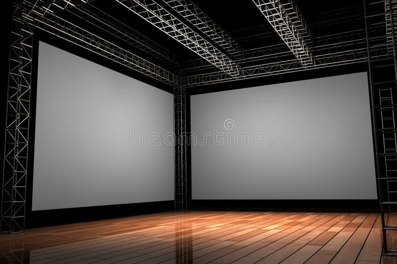 3D Rendered Illustration of a wood stage with trussing and two large blank screens