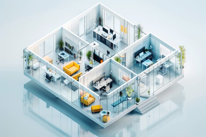 A 3D rendered image of a cozy house interior featuring a living room and dining area stock illustration