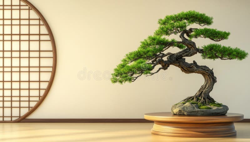 A 3D rendered image displays a Japanese abstract cosmetic presentation that includes a podium and a bonsai tree in brown royalty free illustration