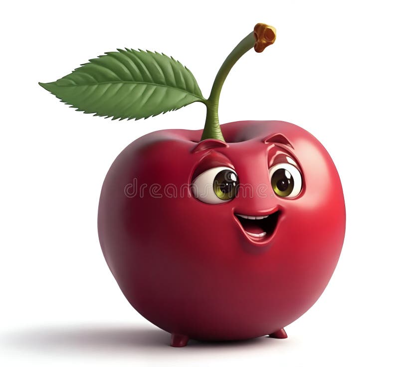 A 3D rendered image of a red apple with a smiling face, green leaf, and stem, set against a white background stock illustration