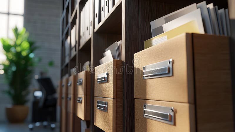 3d render of open file cabinet with documents in office stock illustration