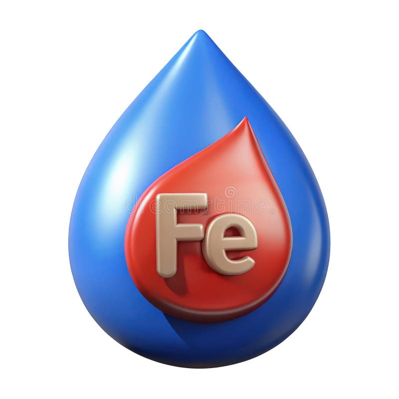 3d rendered iron element symbol fe within a water drop symbolizing health and hydration title should be unique, creative and royalty free illustration