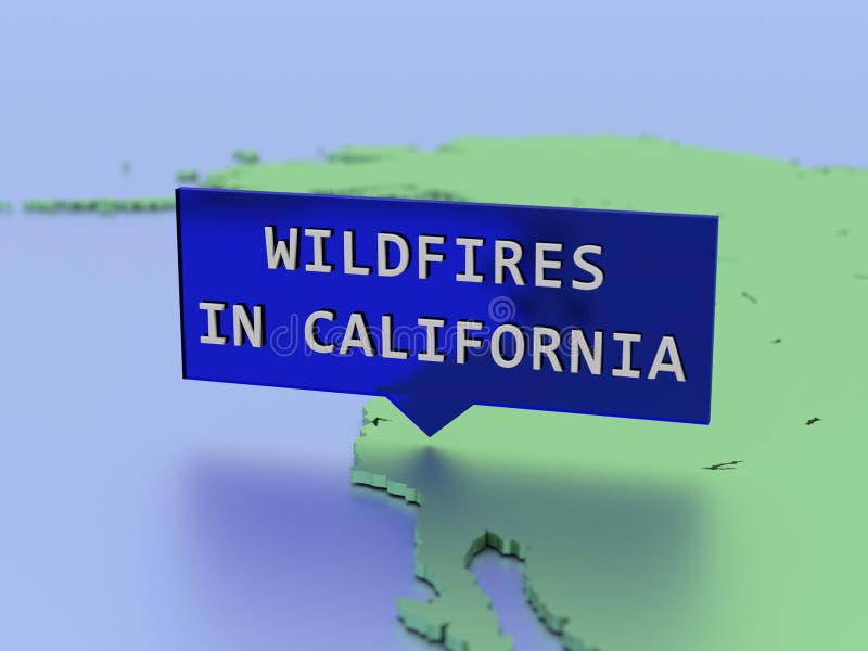 3D rendered map sticker, wildfires in california