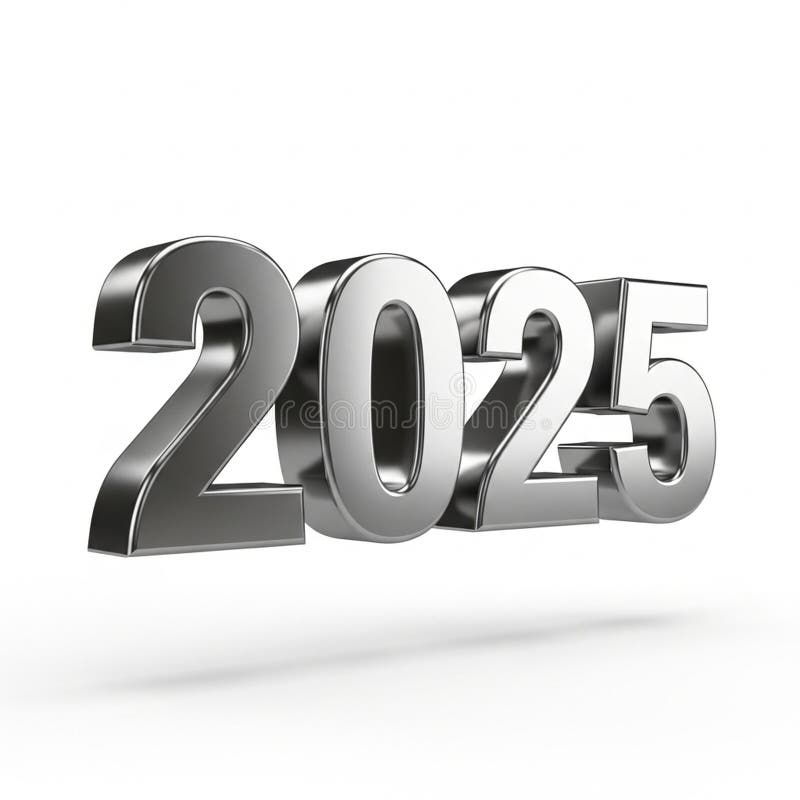 3D Rendered Metallic Silver Numbers 2025 with Reflective Surface on a White Background new year royalty free illustration