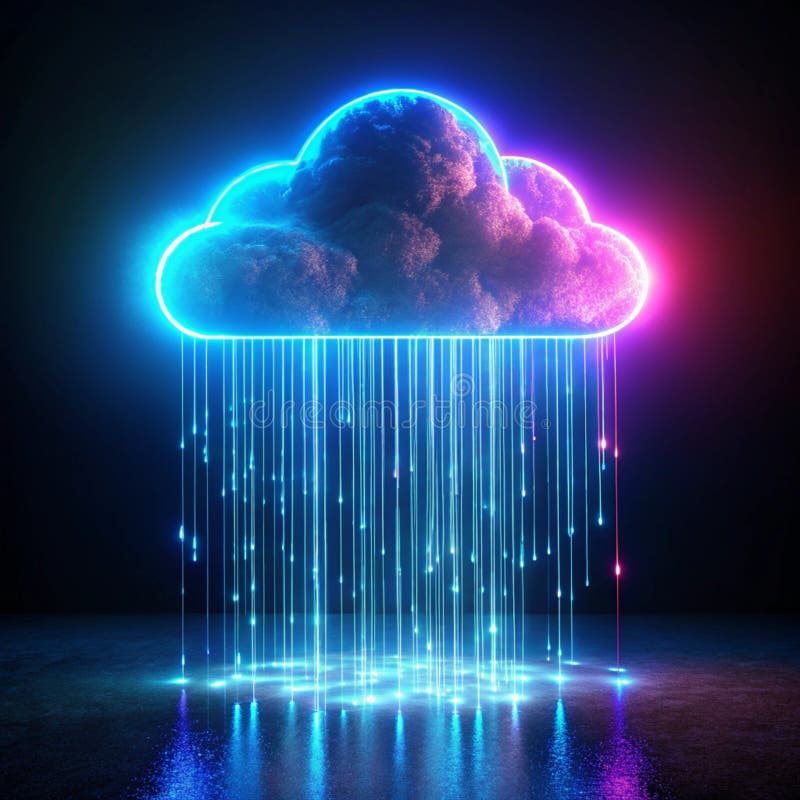 3D rendered neon cloud with digital rain effects vector illustration