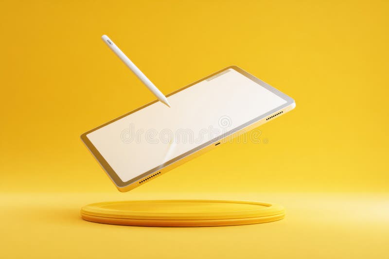 3D Rendered Tablet and Stylus Floating on Yellow Background with Soft Shadows royalty free illustration