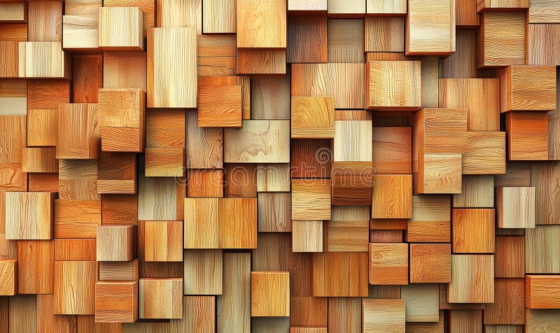 3D rendered timber wood wall background with square block tiles, soft sheen finish, geometric texture design. stock illustration