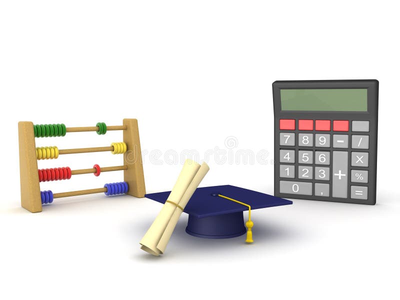 3D Rendering of abacus, calculator and graduation hat with diploma vector illustration