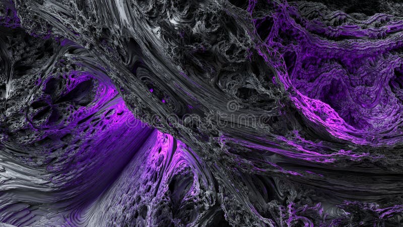 3d rendering, abstract black background with fractal macro illuminated with violet neon light royalty free illustration
