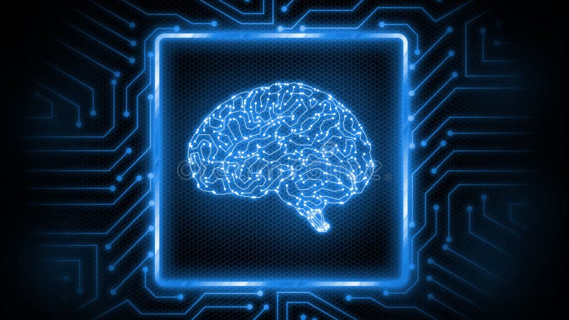 3D Rendering of abstract blue glowing circuit board background with brain logo at center. Perfect for Artificial Intelligence royalty free illustration 3D Rendering of abstract blue glowing circuit board background with brain logo at center. Perfect for Artificial Intelligence royalty free illustration