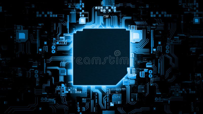 3D Rendering of abstract blue glowing circuit board background with copy space at center for your text