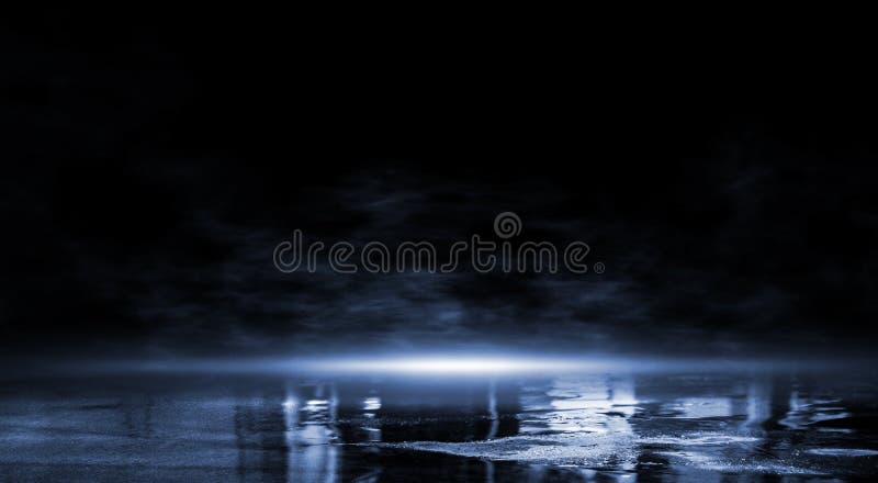 3D rendering abstract dark empty scene, blue neon searchlight light, wet asphalt. stock illustration