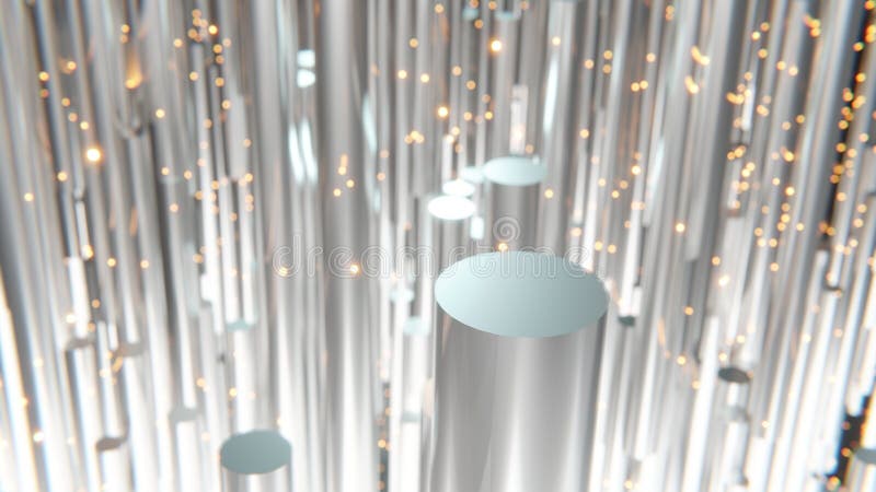 3d rendering of abstract metallic cylinders with floating orange embers in background and bokeh stock photos