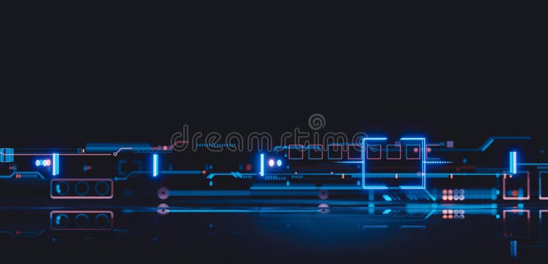 Abstract digital sci fi techno circuit node with depth of field effect stock illustration