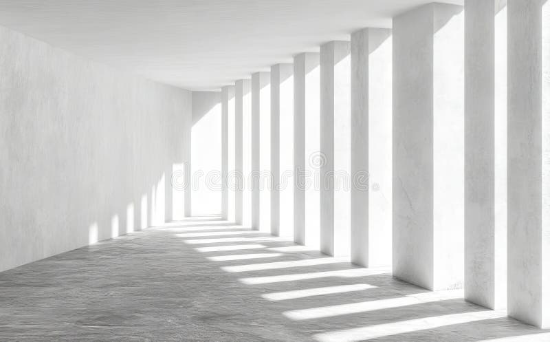 A 3D rendering of an abstract empty illuminated corridor interior design stock illustration