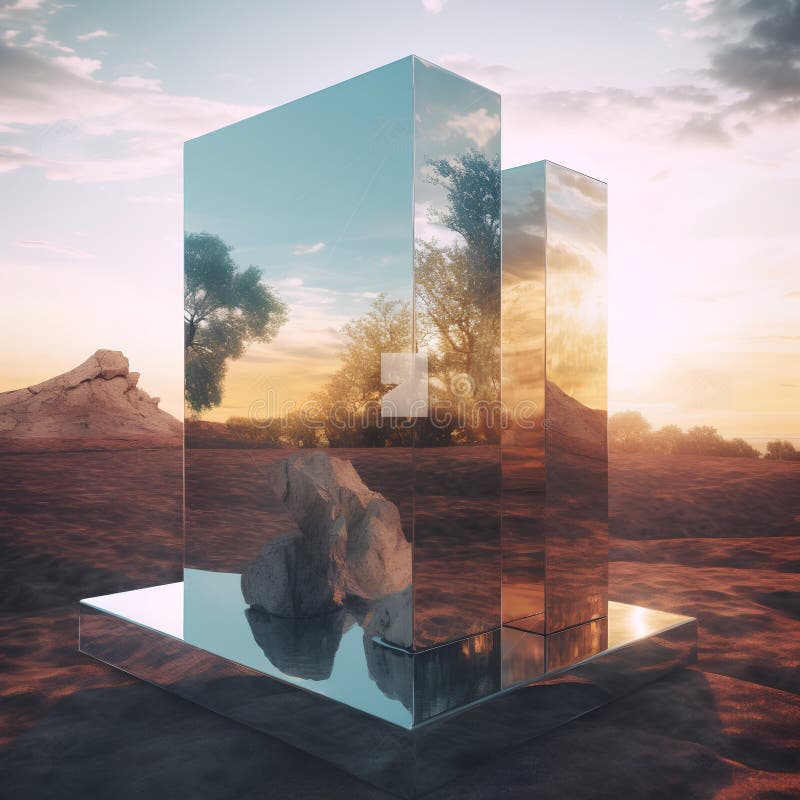 3d rendering of an abstract glass box in the desert with trees stock illustration