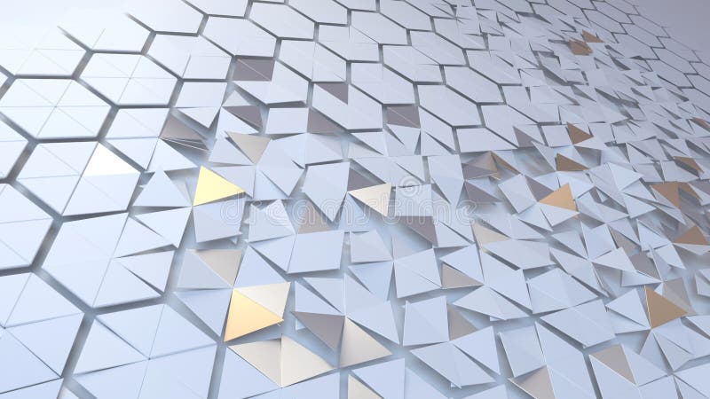 Scattered hexagon geometric perspective grid. 3d rendering of abstract hexagon geometric perspective grid. Scattered white futuristic hexagonal layered wall. Triangular flying pieces of surface. Angle view. Sci-fi background