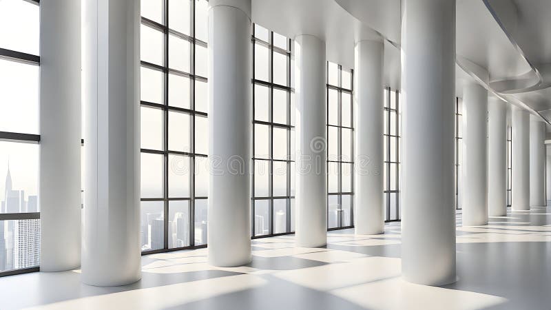 3d rendering of abstract interior white architecture with windows and pole. Generative AI. Generative AI of 3d rendering of abstract interior white architecture with windows and poles.