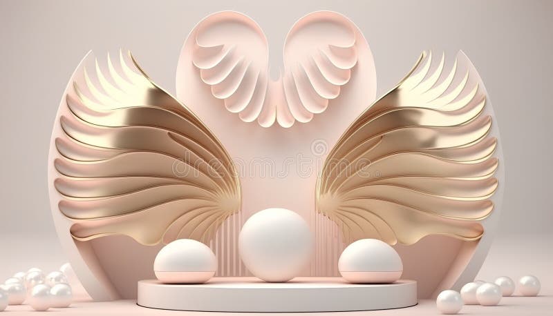 3d rendering of abstract minimal scene with white marble podium, angel wings and pearls stock illustration