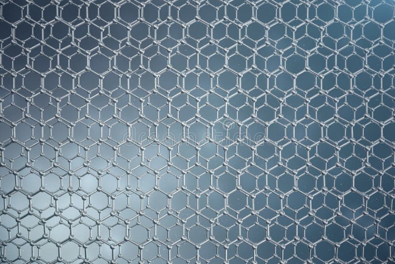 3D rendering abstract nanotechnology hexagonal geometric form close-up. Graphene atomic structure concept, carbon stock illustration
