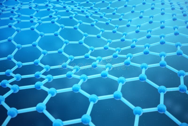 3D rendering abstract nanotechnology hexagonal geometric form close-up. Graphene atomic structure concept, carbon stock illustration