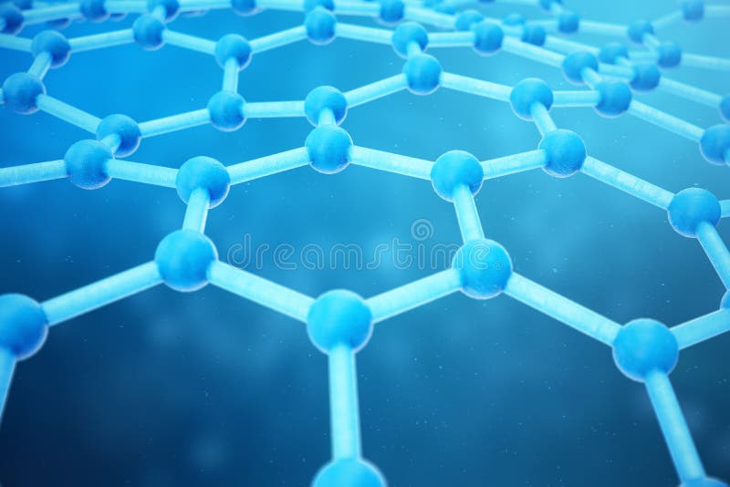 3D rendering abstract nanotechnology hexagonal geometric form close-up. Graphene atomic structure concept, carbon stock illustration