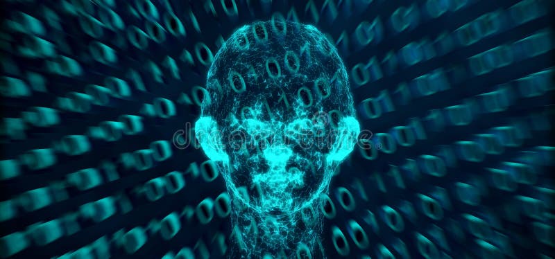 3D Rendering Of Abstract Network Connection Mesh Of Human Head On Binary Code. Coding mesh illustrations