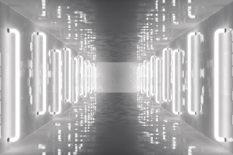 3D rendering abstract room interior with neon lights. Futuristic architecture background. Mock-up for your design stock illustration
