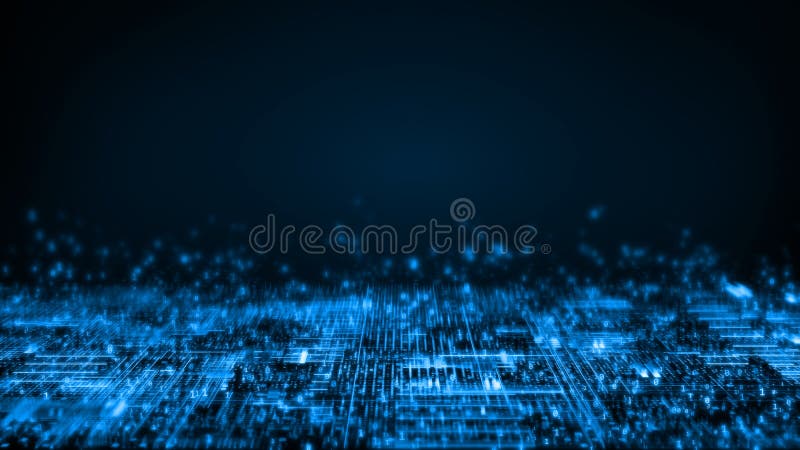 3D Rendering of abstract technology background. Computer circuit dots and blur binary data. For deep machine learning stock illustration