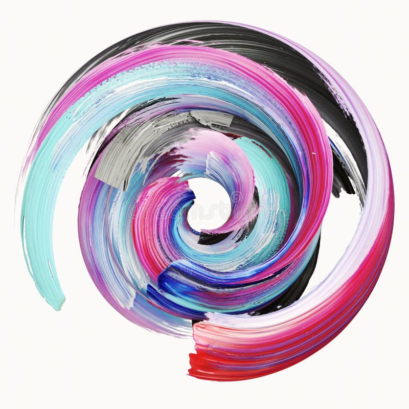 3d rendering, abstract twisted brush stroke, paint splash, splatter, colorful circle, artistic spiral, vivid ribbon isolated on wh