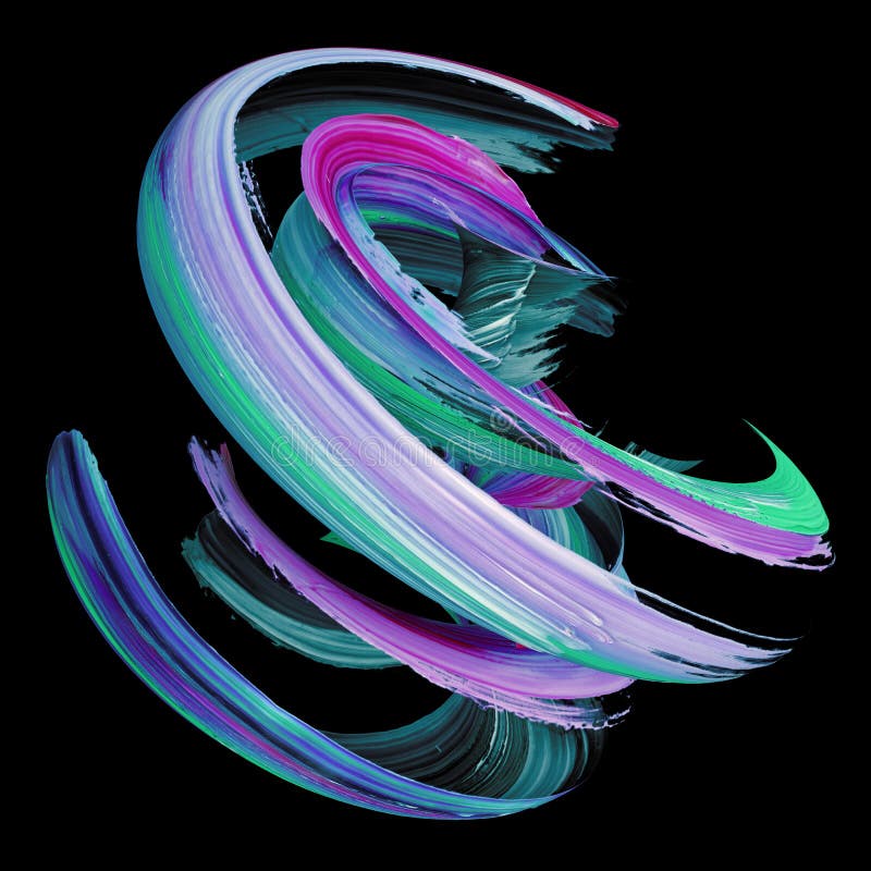 3d rendering, abstract twisted brush stroke, paint splash, splatter, colorful curl, artistic spiral, isolated on black background