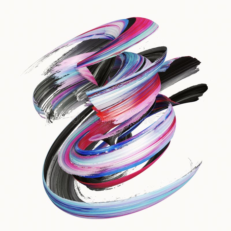 3d rendering, abstract twisted brush stroke, paint splash, splatter, colorful curl, artistic spiral, isolated on white background stock illustration