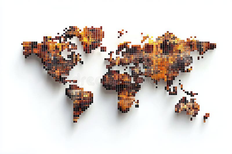 This is a 3D rendering of an abstract world map with brown squares on a white background royalty free illustration