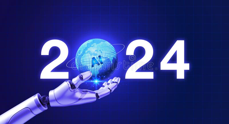 3d rendering AI robot hand holding 2024 calendar year number with digital AI world, glowing on blue cyberspace background. New year business growth and technology support with artificial intelligence.