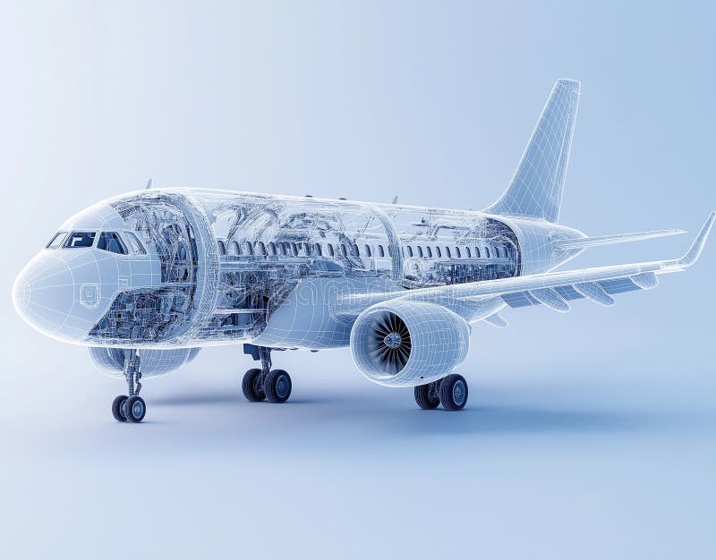 3D rendering of airplane cutaway, showcasing internal components and structure. This detailed visualization highlights engineering stock illustration