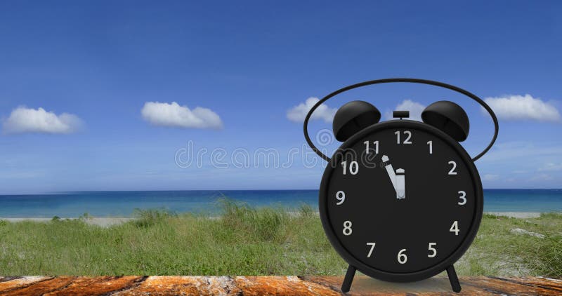 3d rendering of alarm clock with little minutes to twelve o`cloc stock photos