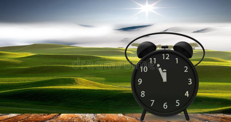 3d rendering of alarm clock with little minutes to twelve o`cloc stock photos