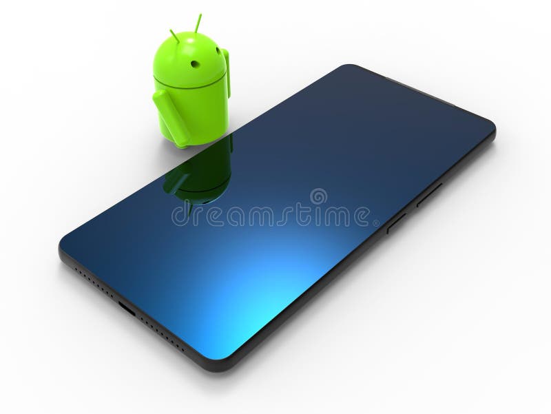 3D-Rendering - Android-Roboter, der in der NÃ¤he eines Smartphones sitzt vektor abbildung