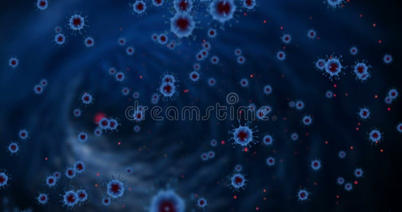 3D rendering animation, blue coronavirus cells covid-19 influenza flowing on abstract blue background with red cells as dangerous royalty free illustration