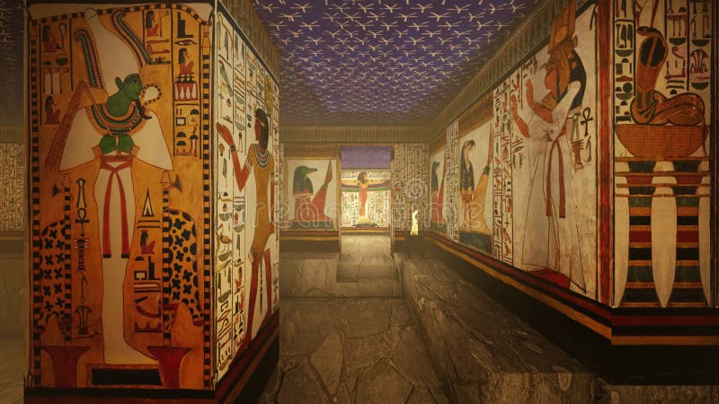 3d Rendering Animation Of A Tomb with old wallpaintings in ancient Egypt.