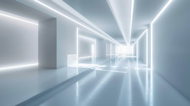 3D Rendering Architektur Design eines abstrakten Raums mit weißem Korridor Raum in trapezoider Form. realistisch weit stock abbildung