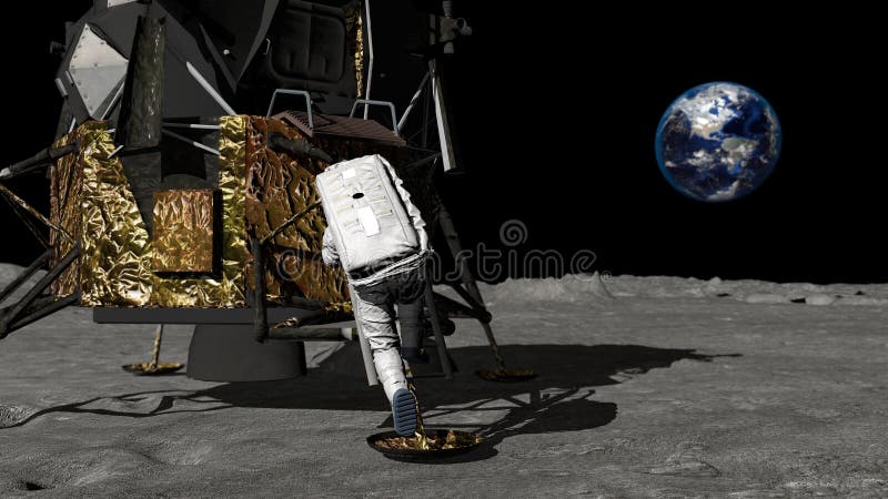 3D rendering. Astronaut descends the stairs of the Apollo spacecraft. CG Animation. Elements of this image furnished by NASA vector illustration 3D rendering. Astronaut descends the stairs of the Apollo spacecraft. CG Animation. Elements of this image furnished by NASA vector illustration