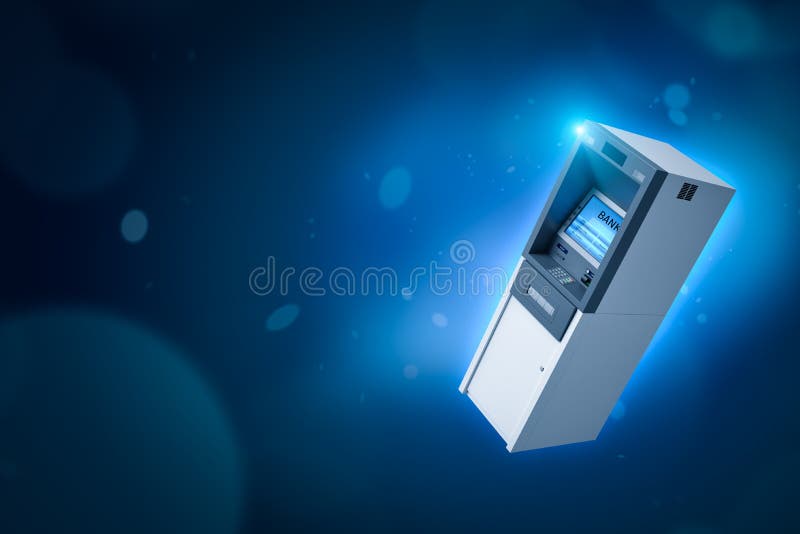 3d rendering of an ATM suspended in air on blue gradient bokeh background with copy space. royalty free stock images 3d rendering of an ATM suspended in air on blue gradient bokeh background with copy space. royalty free stock images