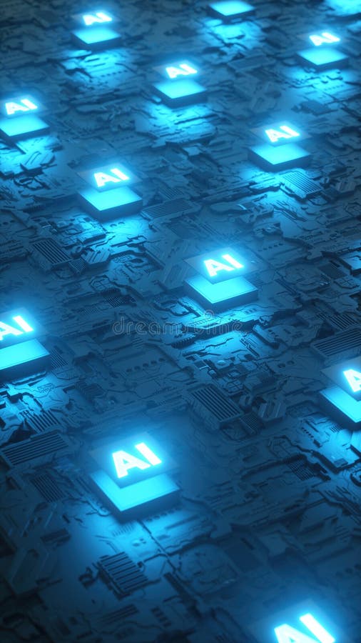 3d-rendering av ai-mikroprocessor med ljusstrålkastare stock illustrationer