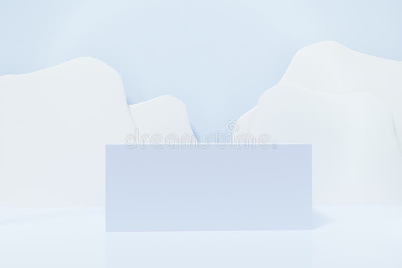 3d-rendering av blå kubikpodium med vita moln som former på blå bakgrund. 3d-rendering av blått kubikpodium med vitt moln som former på blå bakgrund för projektet