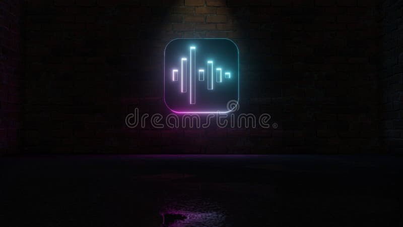3D-rendering av blå violett neon-ikon för röstmemos-app på tegelväggen vektor illustrationer