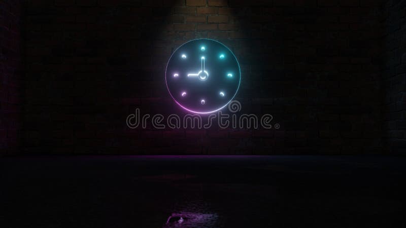 3D-rendering av blå violett neon-symbol med klockikon på tegelväggen royaltyfri illustrationer